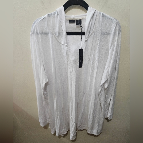Tahari White Linen Lyocell Hood Lightweight Open Front Long Cardigan Plus 1X - Picture 1 of 13